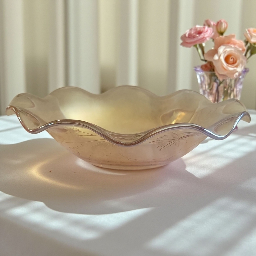 Vtg 30s Jeanette Iridescent Marigold Large Carnival Hand Blown Glass Bowl
